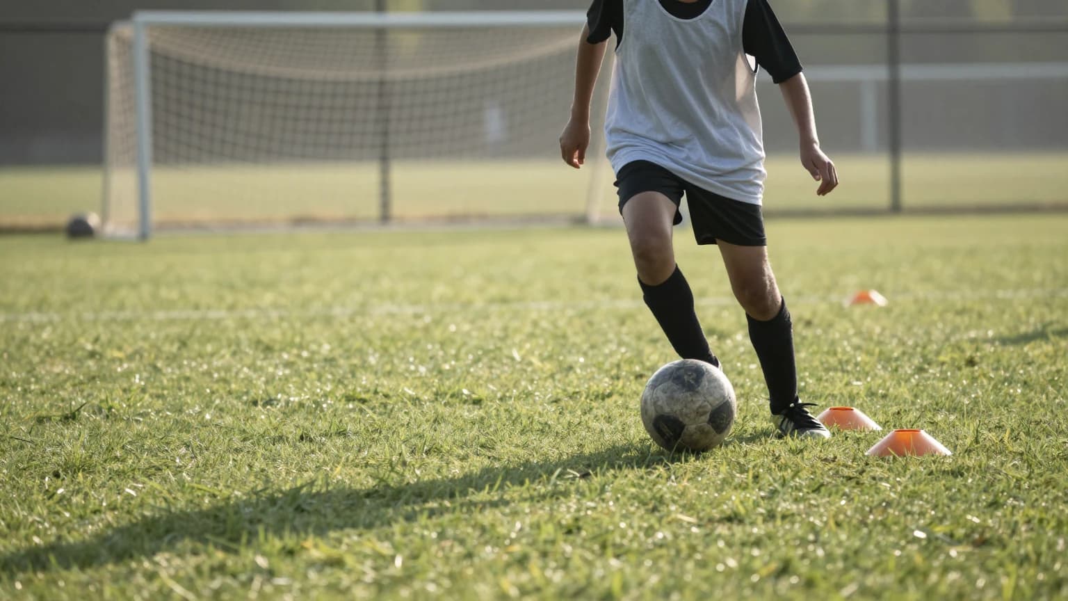 A soccer player dribbling a ball through training cones on a sunlit green pitch, shown from the waist down.