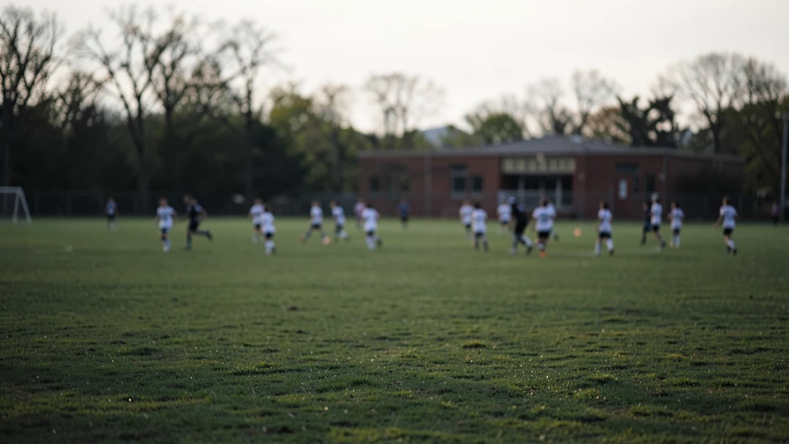 Young soccer players spread across a training field at dusk, seen at a distance.