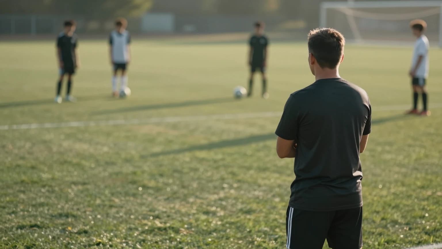 A youth soccer coach standing with arms folded on the touchline, watching his players spread across a sunlit training pitch, seen from behind.