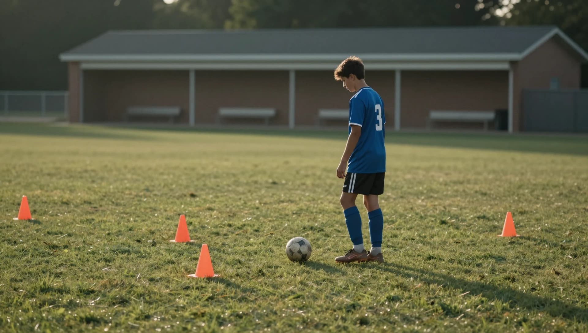 A young soccer player standing over a ball between two orange cones on a green pitch, head down in focus.