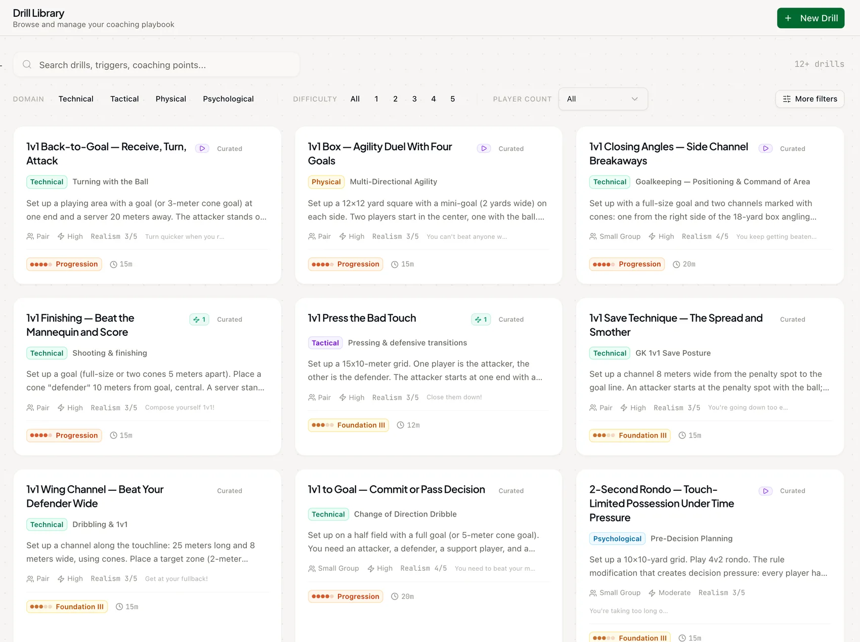 Drill Library page with a search bar, domain and difficulty filters, and a grid of drill cards showing skill tags and difficulty for each drill