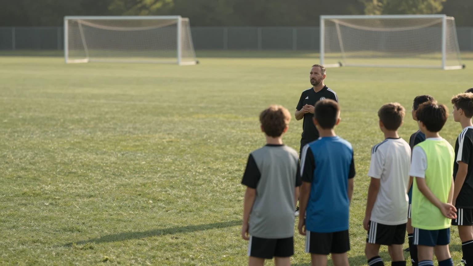 A youth soccer coach addressing a group of young players gathered around him on a sunlit training pitch.