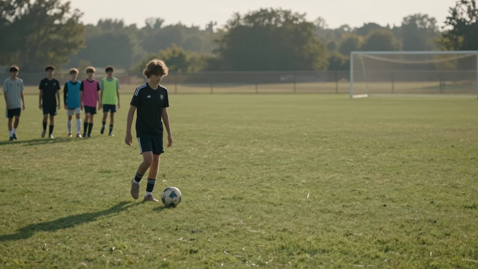 A young soccer player stepping to a ball on an open pitch, teammates waiting in the background.