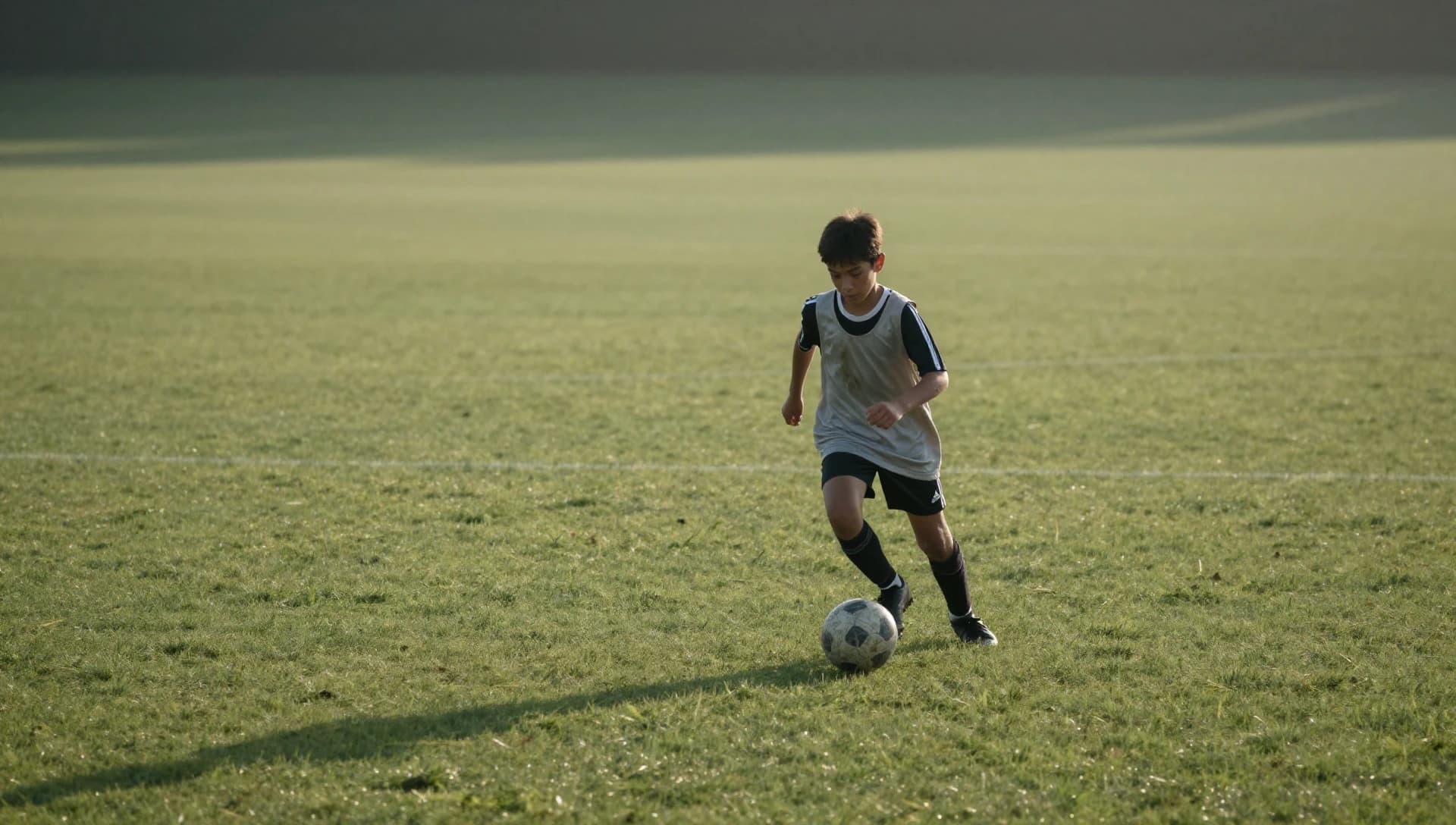A young soccer player dribbling a ball across an open green pitch in hazy morning light.