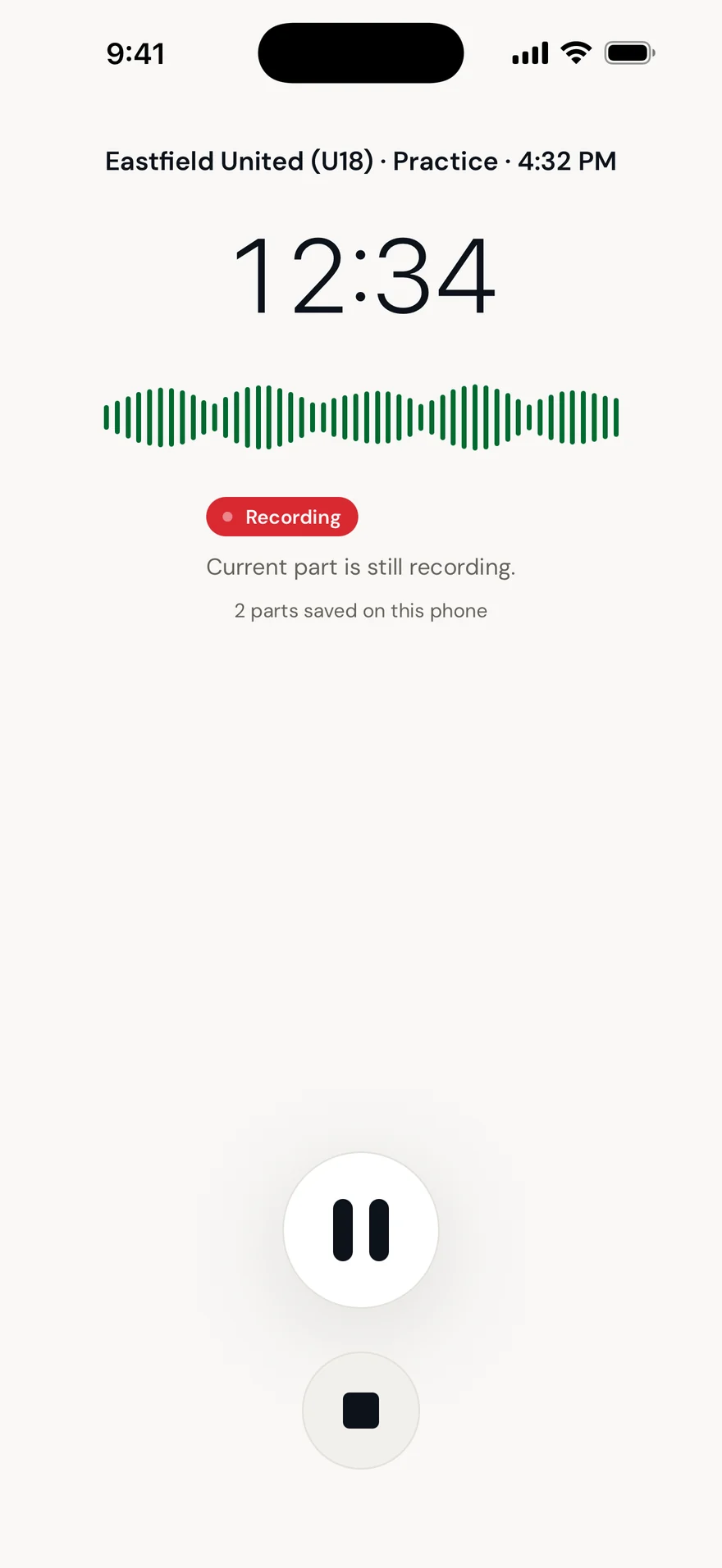 The Coach Sidekick iPhone app recording a practice, with a timer and live waveform.