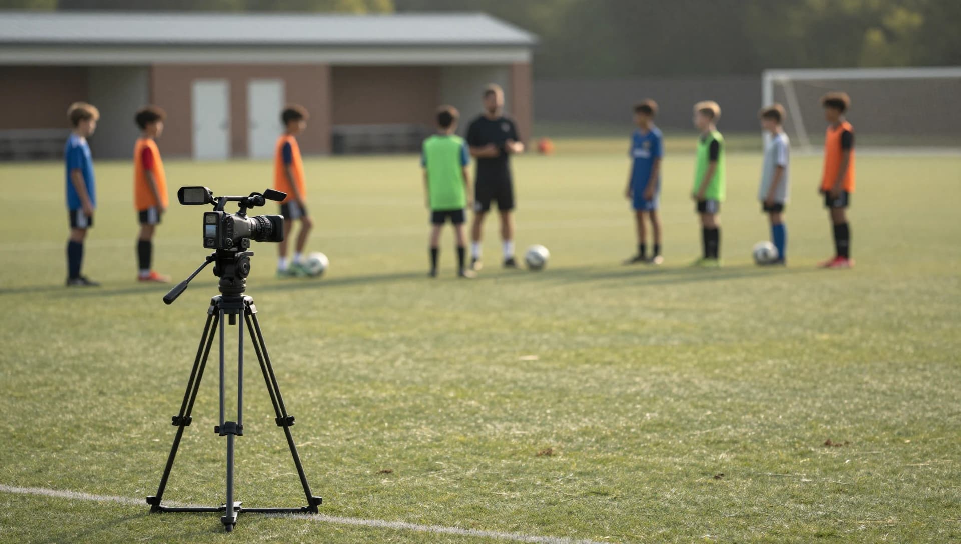 A video camera on a tripod filming a youth soccer training session while a coach instructs players in the background.