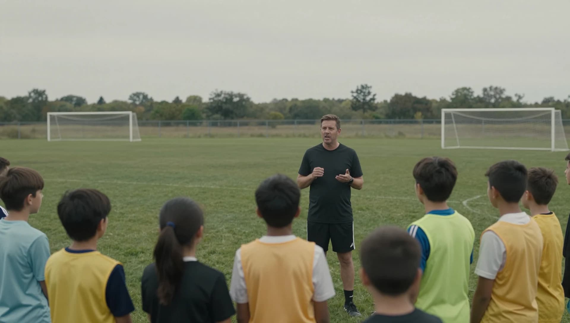 A youth soccer coach speaking to a group of young players gathered around him on an overcast training pitch.